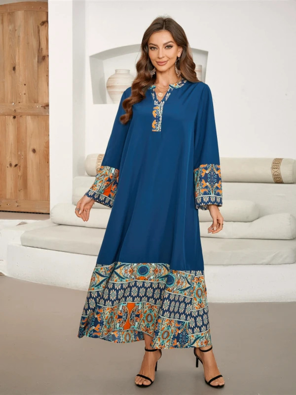 Hot Selling Model Shot Printed Patchwork Duster Dress Elegant Collar Mid Sleeve